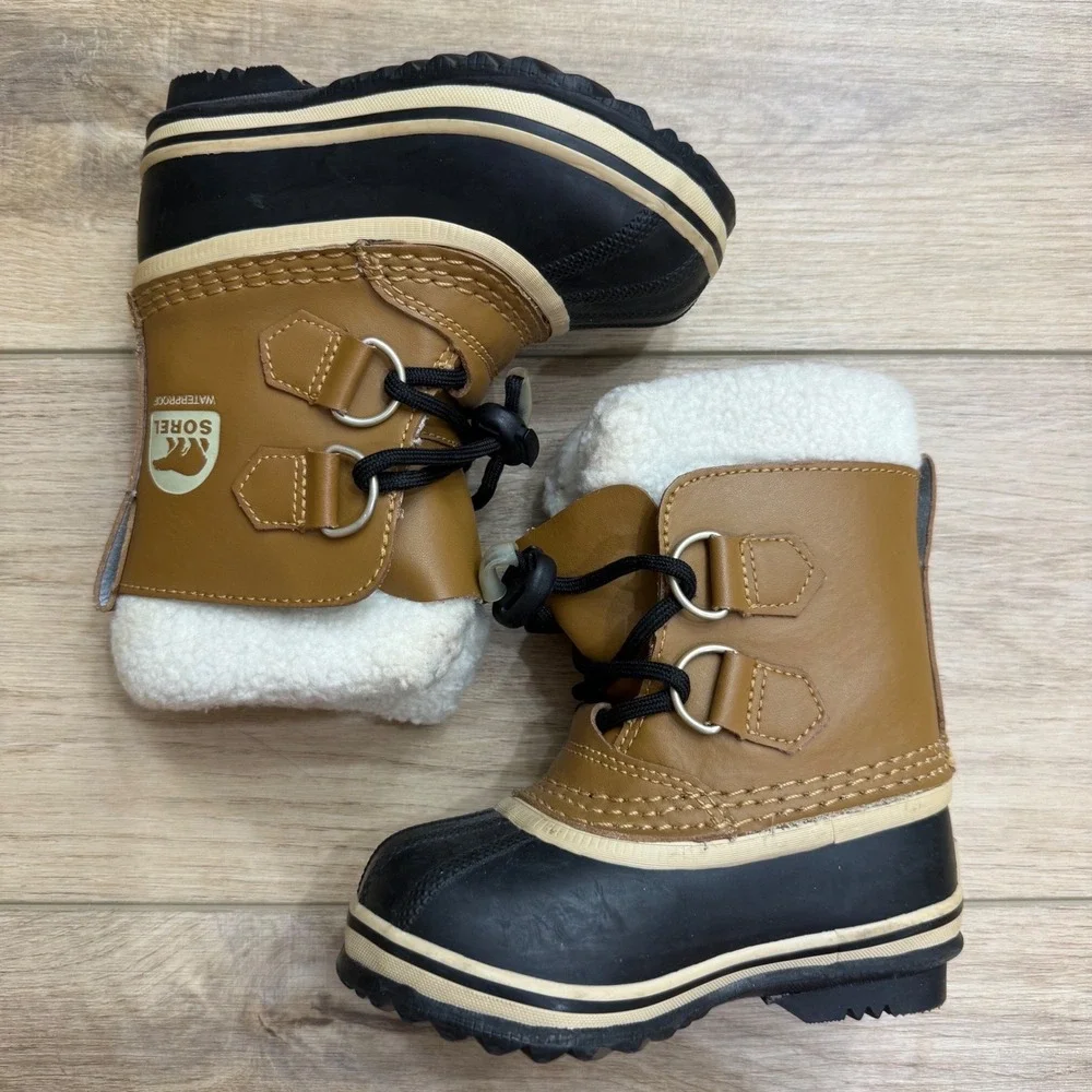Sorel Yoot Pac Nylon Waterproof Snow Boots Duck Boots Tan Black Kids Size 8